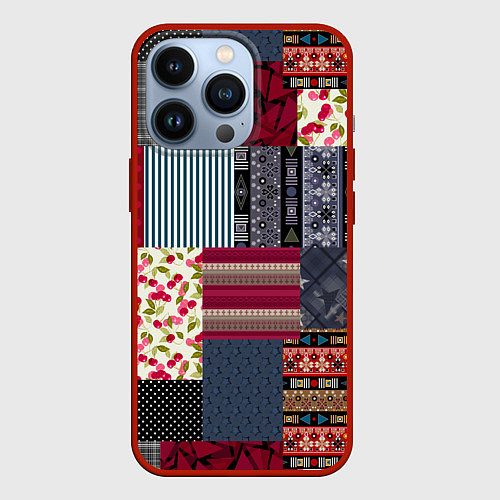 Чехол iPhone 13 Pro Деревенский стиль Пэчворк / 3D-Красный – фото 1