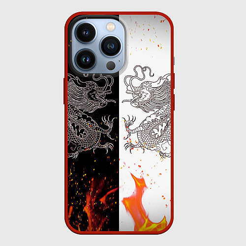 Чехол iPhone 13 Pro Драконы Черный и Белый Огонь / 3D-Красный – фото 1