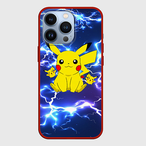 Чехол iPhone 13 Pro ПИКАЧУ НА ФОНЕ МОЛНИЙ PIKACHU FLASH / 3D-Красный – фото 1