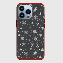 Чехол для iPhone 13 Pro Белые снежинки на сером фоне, цвет: 3D-красный