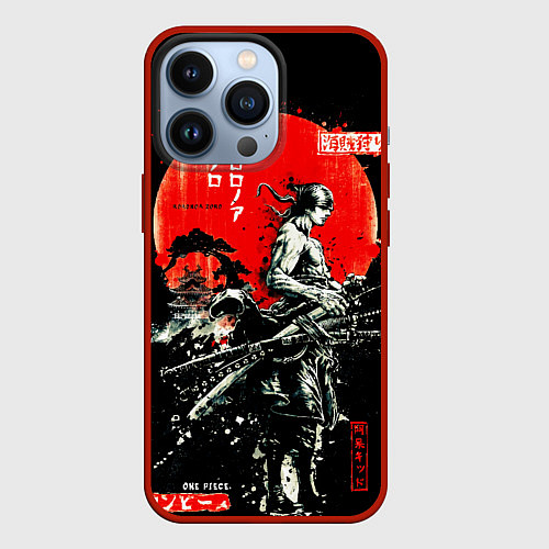Чехол iPhone 13 Pro Ван пис зоро самурай на черном фоне / 3D-Красный – фото 1