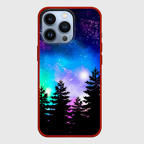 Чехол iPhone 13 Pro Космический лес, елки и звезды / 3D-Красный – фото 1