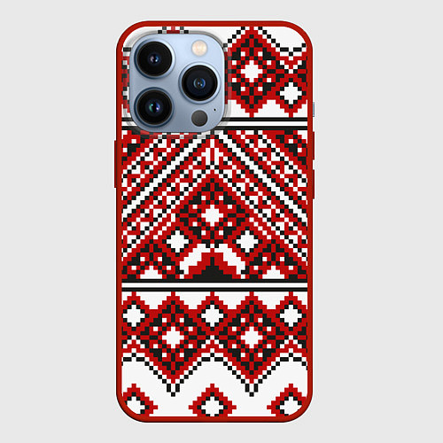Чехол iPhone 13 Pro Русский узор, геометрическая вышивка / 3D-Красный – фото 1