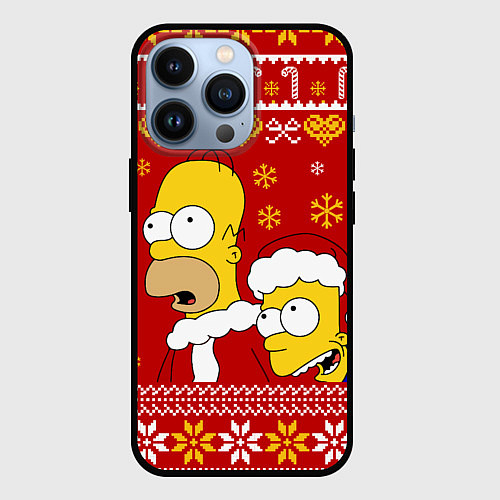 Чехол iPhone 13 Pro Новогодний Гомер и Барт Симпсоны / 3D-Черный – фото 1