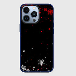 Чехол для iPhone 13 Pro КРАСНО БЕЛЫЕ СНЕЖИНКИ НА ЧЁРНОМ ФОНЕ, цвет: 3D-тёмно-синий