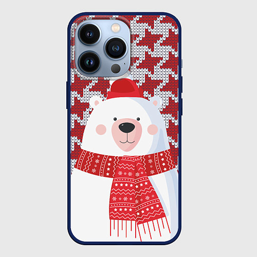 Чехол iPhone 13 Pro Белый мишка в шапочке и шарфе / 3D-Тёмно-синий – фото 1