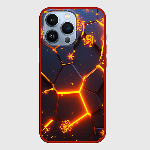 Чехол iPhone 13 Pro НОВОГОДНИЕ ОГНЕННЫЕ 3D ПЛИТЫ FIRE NEON HEXAGON / 3D-Красный – фото 1