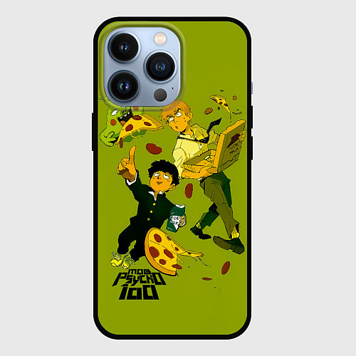 Чехол iPhone 13 Pro Шигео, Ямочки и Рэйгэн налет на пиццу - Mob Psycho / 3D-Черный – фото 1