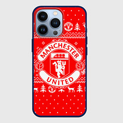 Чехол для iPhone 13 Pro FC Manchester United: Новогодний узор, цвет: 3D-тёмно-синий