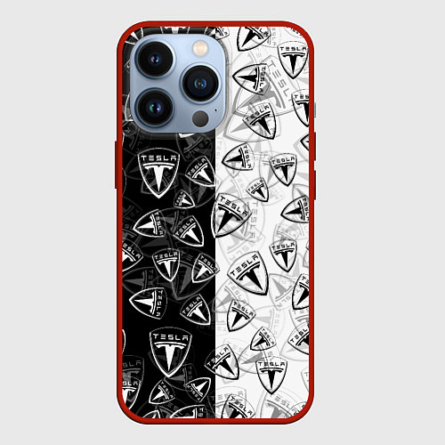 Чехол iPhone 13 Pro TESLA BLACK AND WHITE LOGO PATTERN / 3D-Красный – фото 1