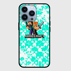 Чехол для iPhone 13 Pro Minecraft бирюзовый фон, цвет: 3D-черный