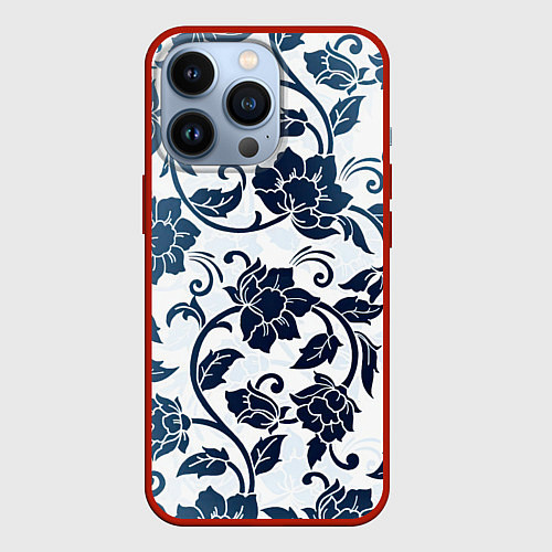 Чехол iPhone 13 Pro Гжелевые цветы / 3D-Красный – фото 1