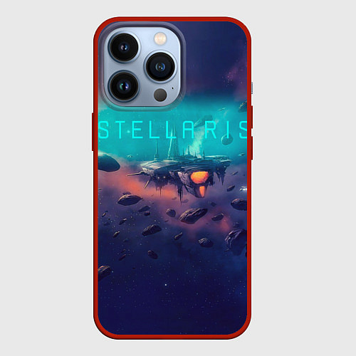 Чехол iPhone 13 Pro Stellaris космический корабль на фоне астероидов / 3D-Красный – фото 1