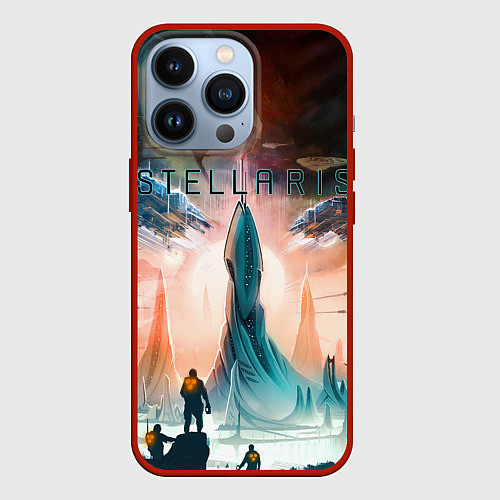 Чехол iPhone 13 Pro Stellaris космические корабли на фоне башни / 3D-Красный – фото 1