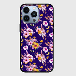 Чехол для iPhone 13 Pro Цветы Разноцветные Гибискус и Ирисы На Синем Фоне, цвет: 3D-черный