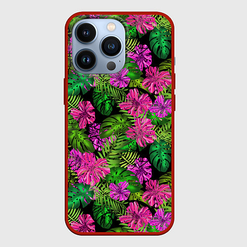 Чехол iPhone 13 Pro Тропические листья и цветы на черном фоне / 3D-Красный – фото 1