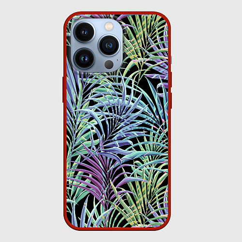 Чехол iPhone 13 Pro Разноцветные Листья Пальм В Ночных Джунглях / 3D-Красный – фото 1