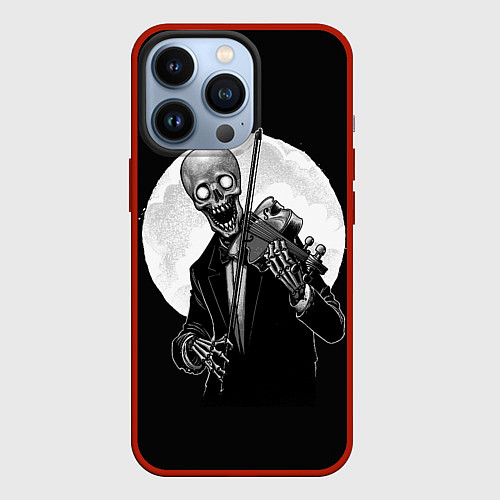 Чехол iPhone 13 Pro Скелет скрипач под полной луной / 3D-Красный – фото 1
