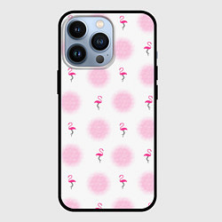 Чехол для iPhone 13 Pro Фламинго и круги на белом фоне, цвет: 3D-черный