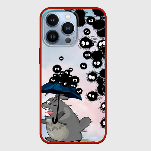 Чехол iPhone 13 Pro Тоторо бегущий от чернушек / 3D-Красный – фото 1