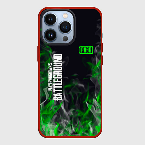 Чехол iPhone 13 Pro Pubg - зелёное пламя / 3D-Красный – фото 1