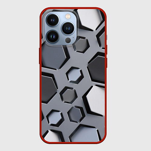 Чехол iPhone 13 Pro Металлическая киберпанк броня - Серый / 3D-Красный – фото 1