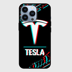 Чехол для iPhone 13 Pro Значок Tesla в стиле Glitch на темном фоне, цвет: 3D-черный