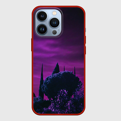 Чехол iPhone 13 Pro Ночное сияние в тёмном лесу - Фиолетовый / 3D-Красный – фото 1