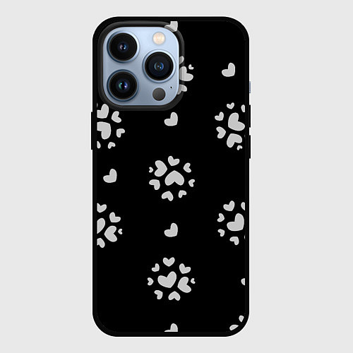 Чехол iPhone 13 Pro Серые сердца на черном фоне / 3D-Черный – фото 1