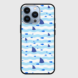 Чехол для iPhone 13 Pro Волны, рыбки и плавники акул - паттерн, цвет: 3D-черный