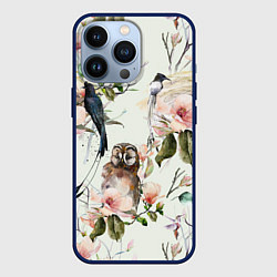 Чехол для iPhone 13 Pro Цветы Нарисованные Магнолии и Птицы, цвет: 3D-тёмно-синий