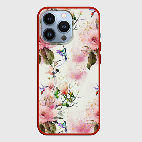 Чехол iPhone 13 Pro Цветы Нарисованные Магнолии и Разноцветные Птицы / 3D-Красный – фото 1