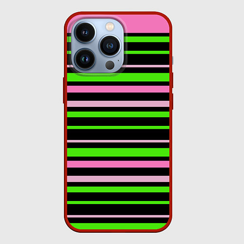 Чехол iPhone 13 Pro Полосаты узор в зелено-розовых оттенках на черном / 3D-Красный – фото 1