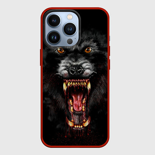 Чехол iPhone 13 Pro Злой волк с открытой пастью / 3D-Красный – фото 1