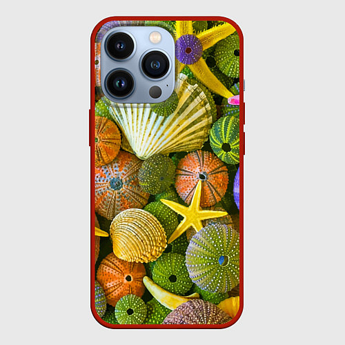 Чехол iPhone 13 Pro Композиция из морских звёзд и ракушек / 3D-Красный – фото 1