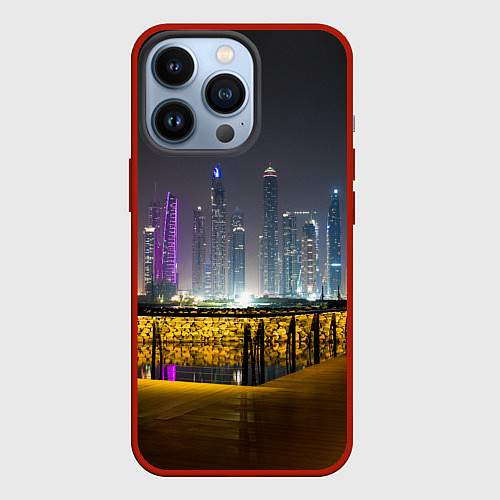 Чехол iPhone 13 Pro Неоновый ночной город и мост / 3D-Красный – фото 1