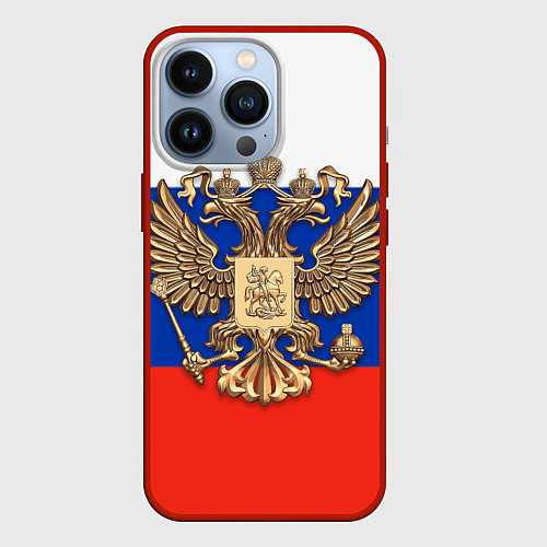 Чехол iPhone 13 Pro Герб России на фоне флага / 3D-Красный – фото 1