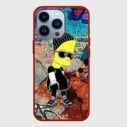 Чехол для iPhone 13 Pro Барт Симпсон в тёмных очках на фоне граффити, цвет: 3D-красный