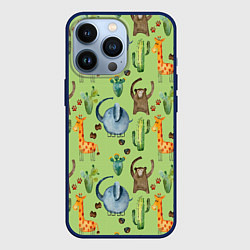 Чехол для iPhone 13 Pro Африканские животные - слон обезьянка жираф, цвет: 3D-тёмно-синий