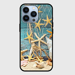 Чехол для iPhone 13 Pro Натюрморт из сети, морских звёзд и ракушек - лето, цвет: 3D-черный