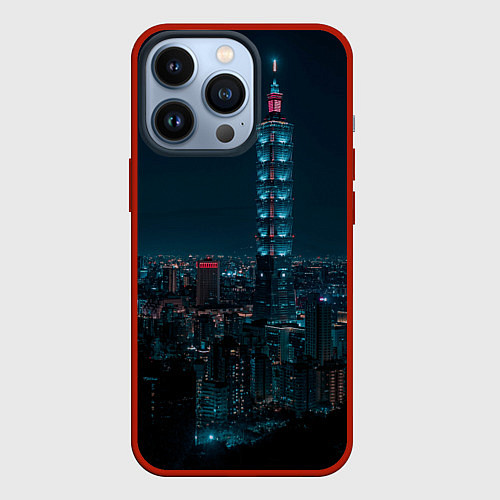 Чехол iPhone 13 Pro Ночной неоновый город / 3D-Красный – фото 1