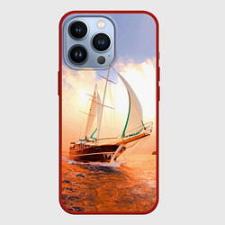 Чехол для iPhone 13 Pro Парусник в океане на фоне заката, цвет: 3D-красный