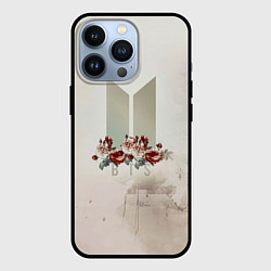 Чехол для iPhone 13 Pro BTS Logo And Flowers, цвет: 3D-черный