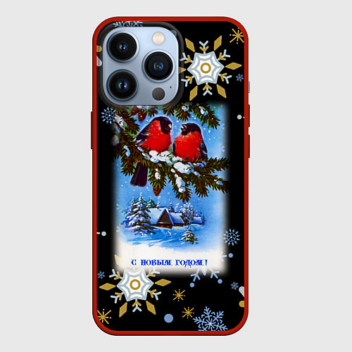 Чехол iPhone 13 Pro Новый Год Два Снегиря Сидят На Ветке / 3D-Красный – фото 1