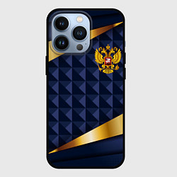 Чехол для iPhone 13 Pro Золотой герб России на объемном синим фоне, цвет: 3D-черный