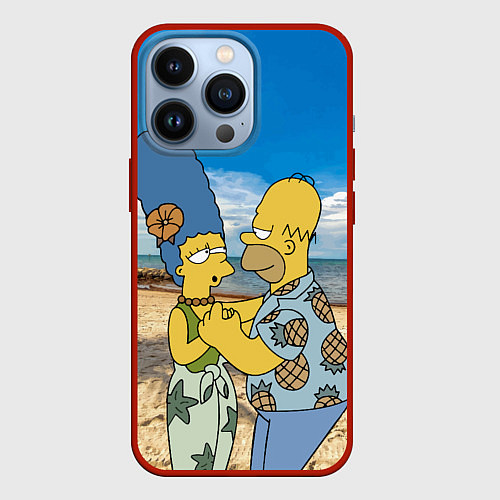 Чехол iPhone 13 Pro Гомер Симпсон танцует с Мардж на пляже / 3D-Красный – фото 1