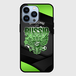 Чехол iPhone 13 Pro Герб России - спортивный черно-зеленый стиль