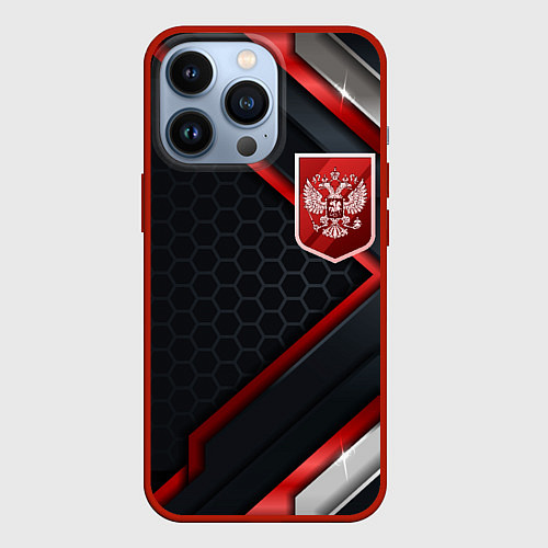 Чехол iPhone 13 Pro Герб России - объемные пластины на фоне / 3D-Красный – фото 1