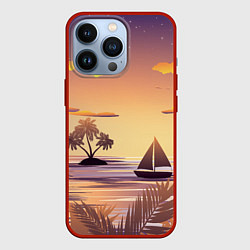 Чехол для iPhone 13 Pro Лодка в море на закате возле тропических островов, цвет: 3D-красный