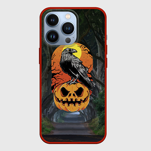 Чехол iPhone 13 Pro Ворон, сидящий на тыкве - Halloween / 3D-Красный – фото 1
